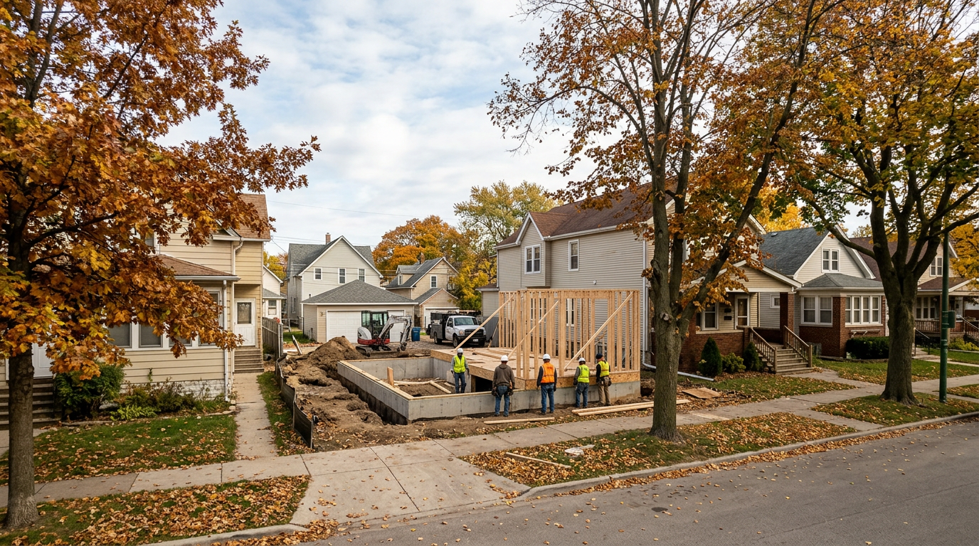 AI-generated illustrative image of generic Illinois/Midwest residential construction or neighborhood housing, accompanying an article about Illinois