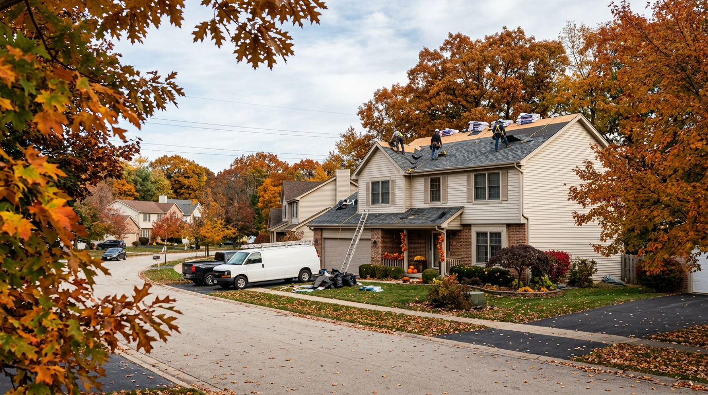 AI-generated illustrative image of generic Illinois/Midwest residential housing and construction, accompanying an article about Illinois