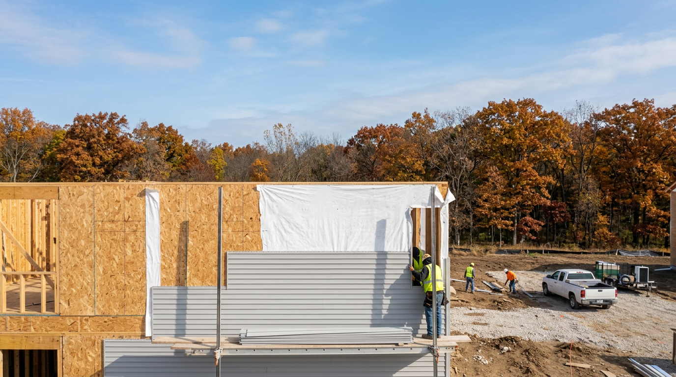 AI-generated illustrative image of generic Illinois/Midwest residential construction or neighborhood housing, accompanying an article about Illinois