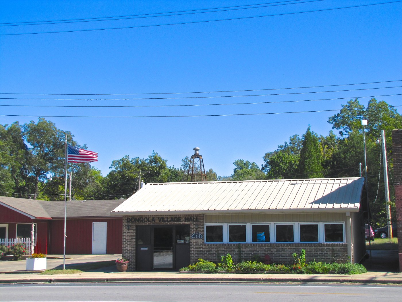 Low brick Dongola Village Hall with village-hall lettering, flags, and a water tower behind it in Dongola, Illinois.