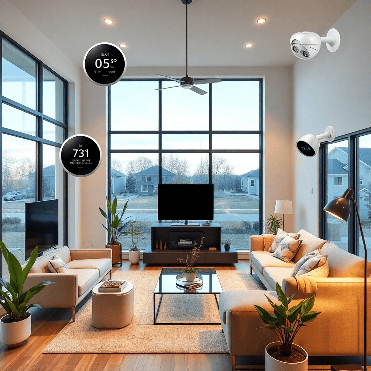 A bright, modern living room with large windows, featuring smart home devices, contemporary furniture, and potted plants, creating a stylish and in...