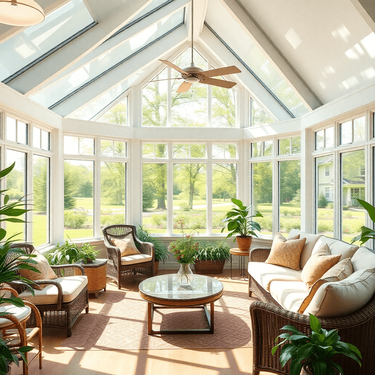 A bright sunroom with large windows, comfortable furniture, and lush greenery, creating a warm and tranquil space for relaxation, with a sunny Illi...