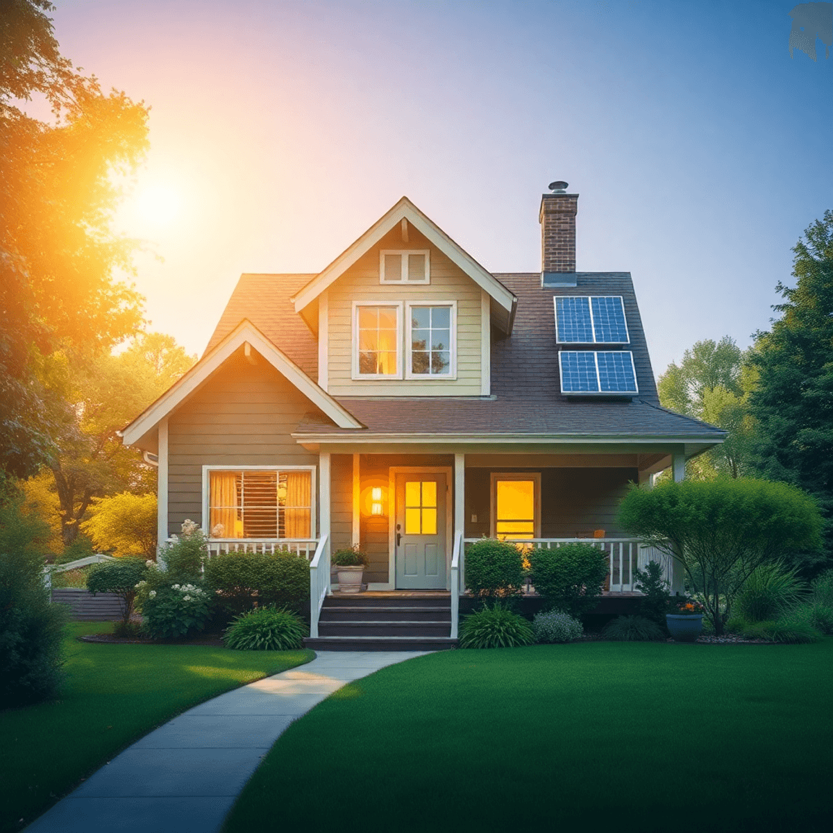 A cozy Illinois home with new windows and solar panels, surrounded by greenery, bathed in bright sunlight, conveying warmth and sustainability.