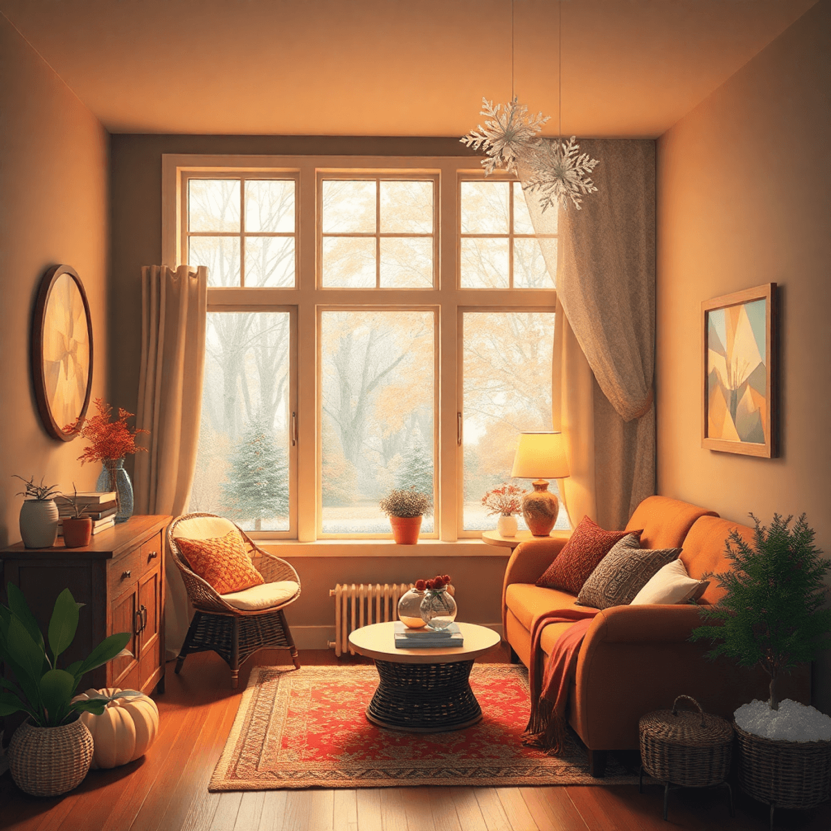 A cozy home interior featuring sealed windows and insulated walls, adorned with seasonal decorations for summer and winter, radiating warmth and en...