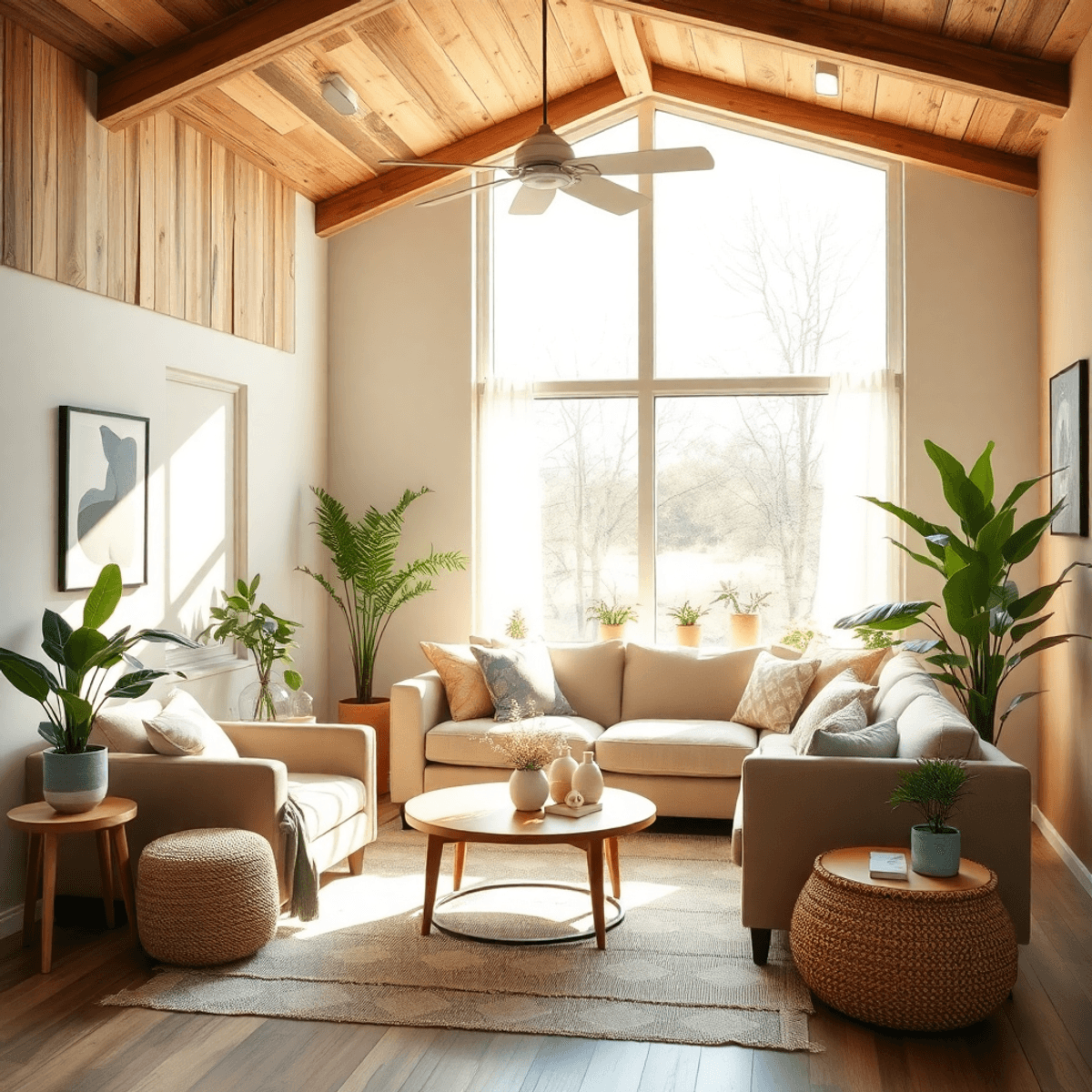 A cozy modern living room with eco-friendly materials, warm colors, a comfortable sofa, decorative plants, and natural light streaming through larg...