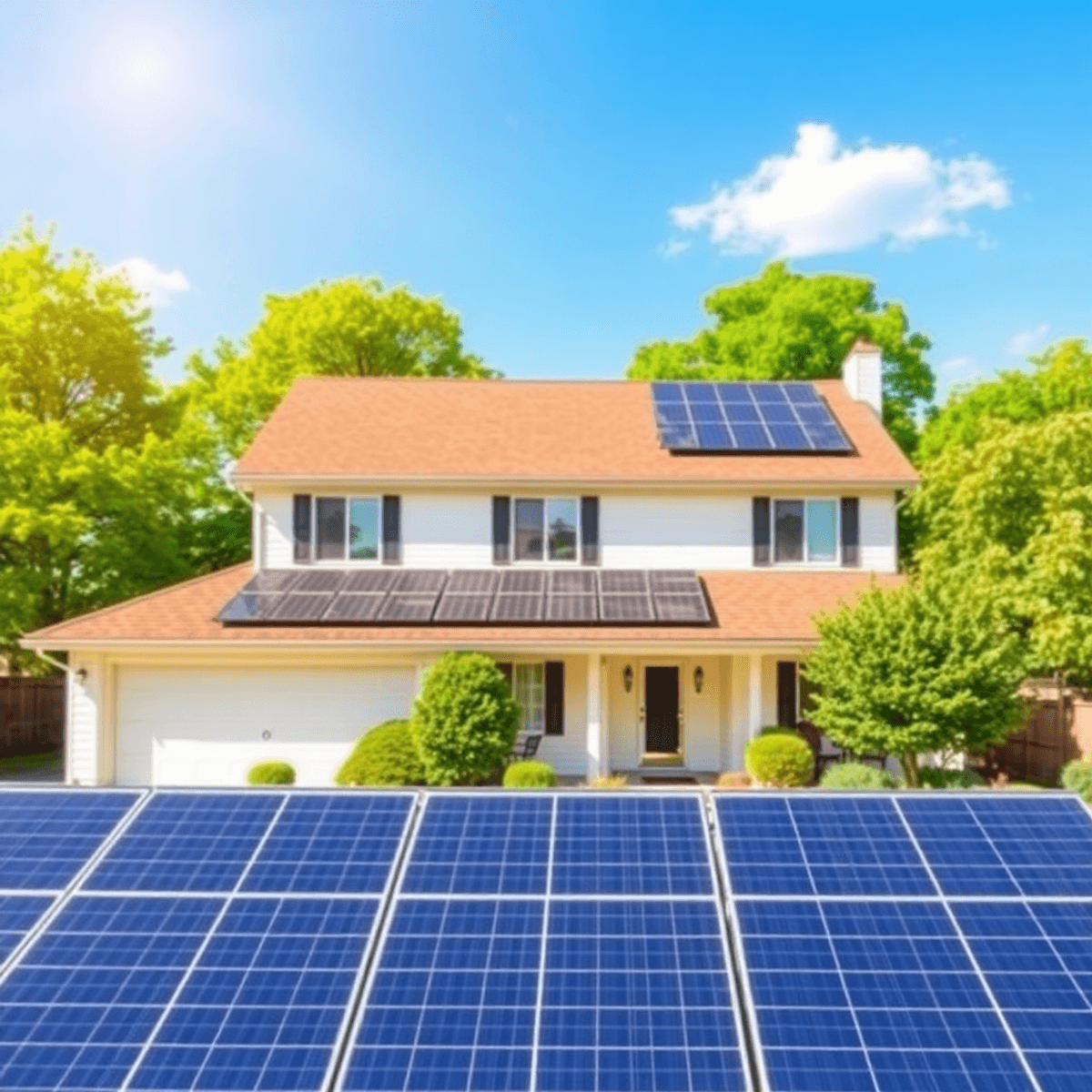 A bright suburban home with solar panels on the roof, surrounded by green trees and a garden under a clear blue sky, symbolizing sustainable living.