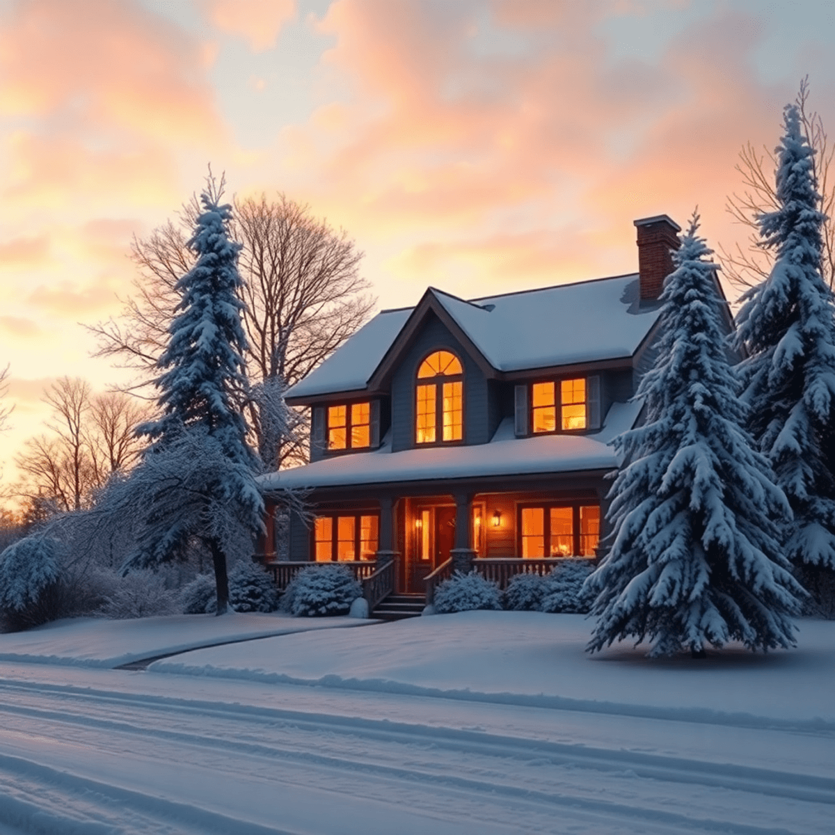 A cozy house with glowing windows, surrounded by snow-covered trees and a snowy ground under a gentle winter sunset sky.