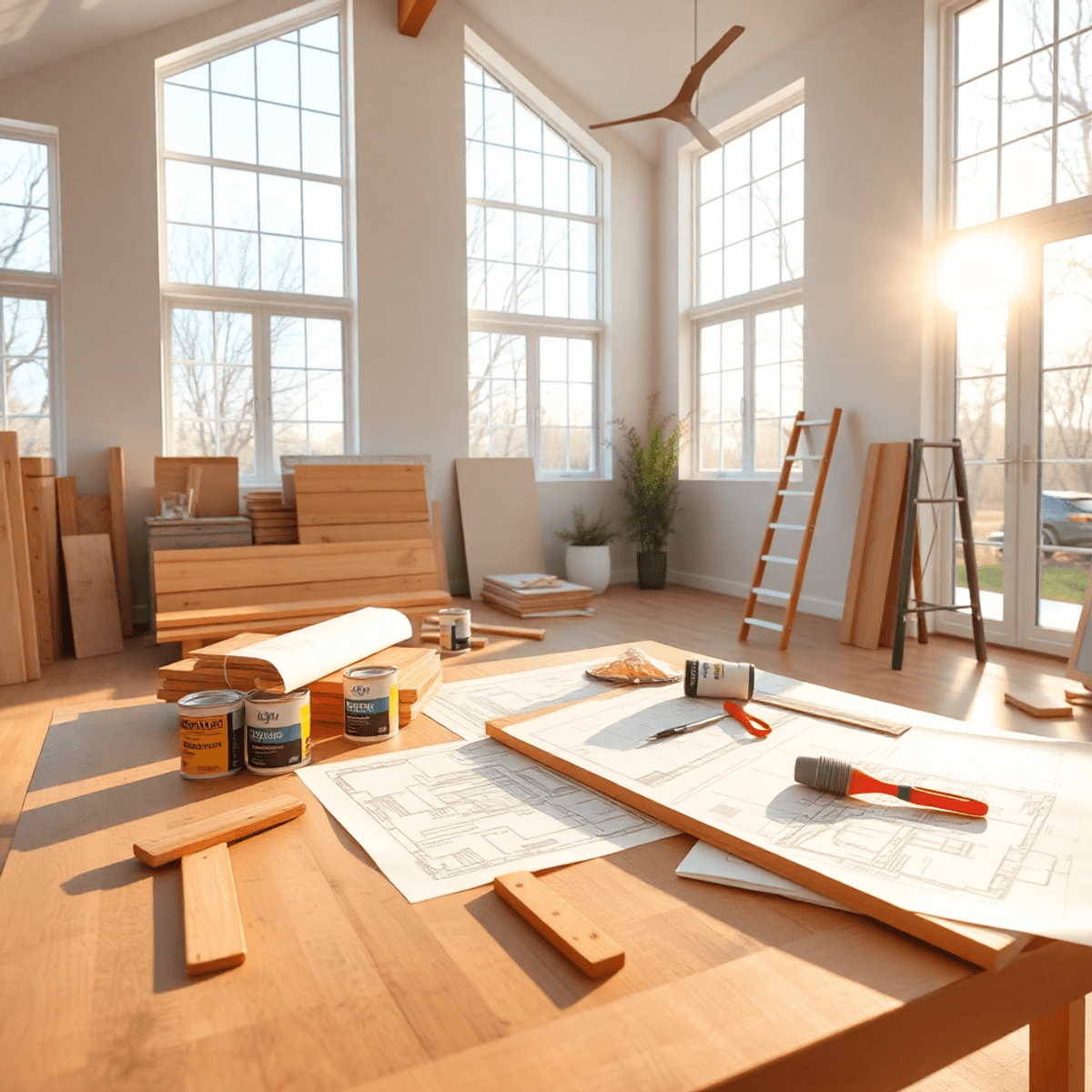 Bright, modern home interior under renovation with tools, wood planks, paint cans, and blueprints on a table, lit by warm natural light through lar...
