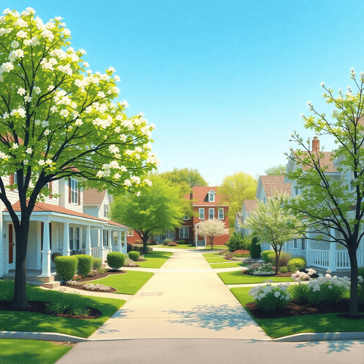 Charming small-town neighborhood with blooming trees, tidy yards, and cozy houses under a bright blue spring sky.