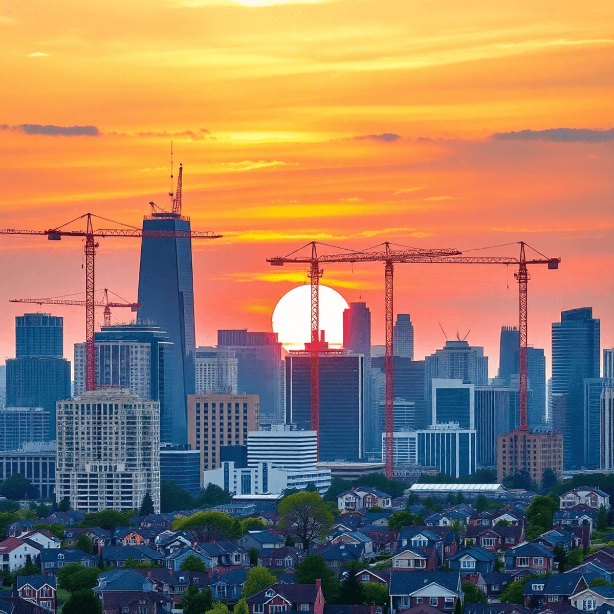 Chicago skyline at sunset with construction cranes, modern buildings, and new suburban homes showcasing urban growth and transformation.