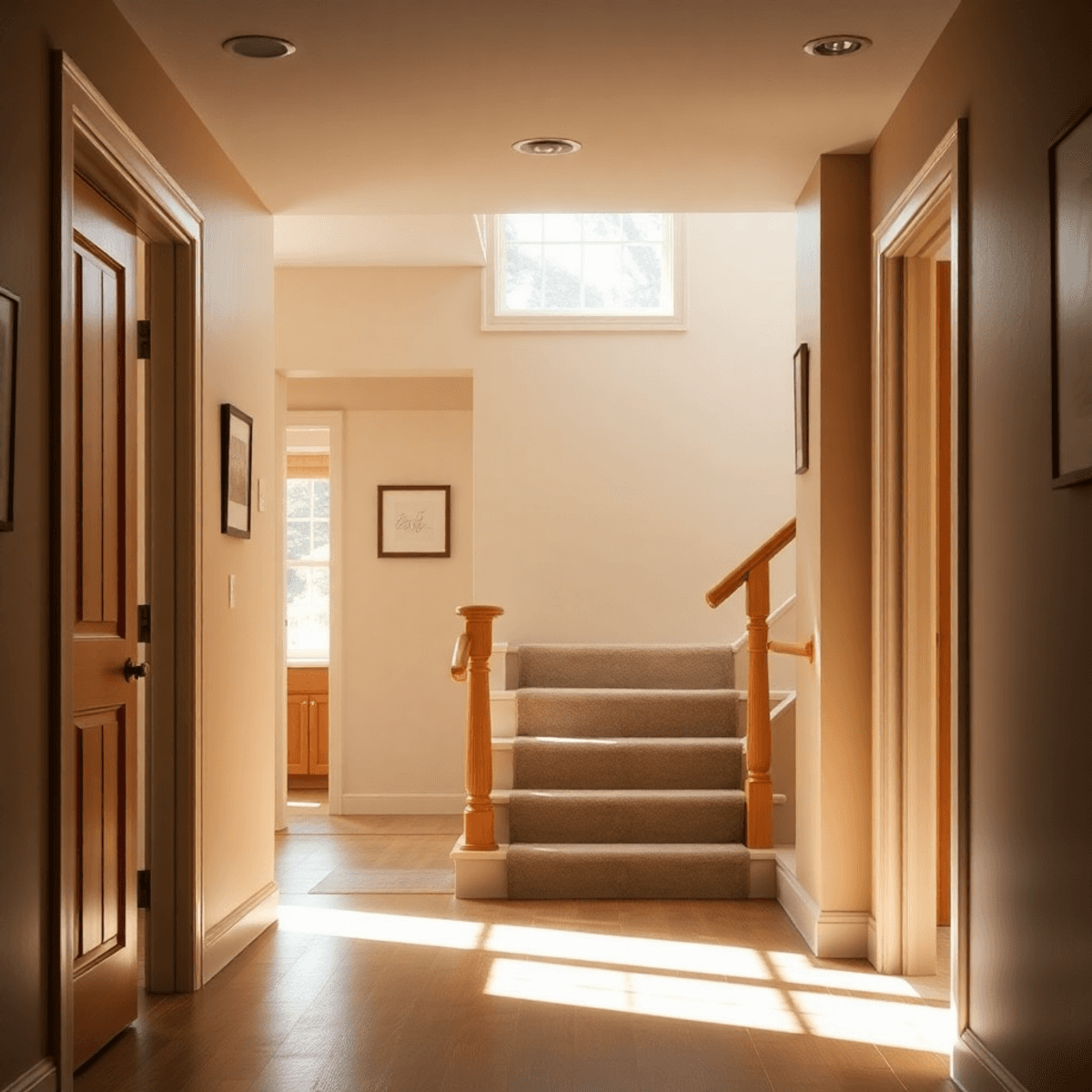 Cozy senior-friendly home interior with wide doorways, grab bars by stairs, slip-resistant floors, and soft natural lighting creating a safe, warm ...