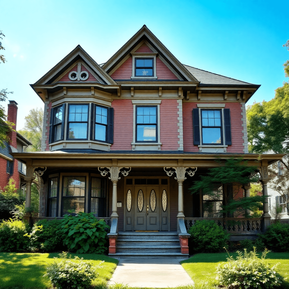 Historic Illinois home with intricate woodwork and vintage windows, surrounded by lush greenery under a bright sky, showcasing classic architecture...
