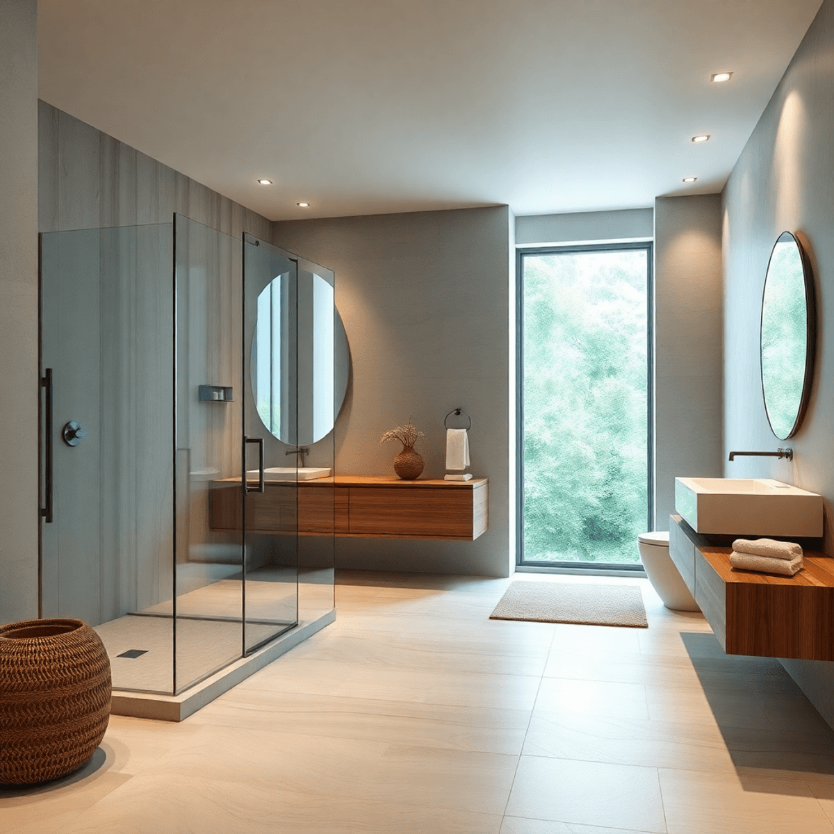 Modern bathroom with walk-in glass shower, floating vanity, wood and stone accents, and soft ambient lighting creating a serene, spa-like atmosphere.