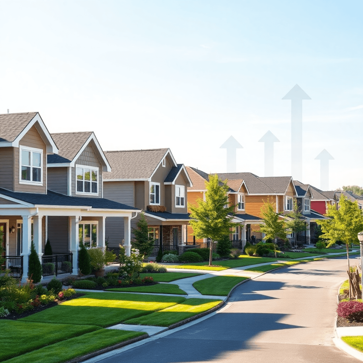 Sunlit modern suburban homes with well-kept gardens under a clear sky featuring abstract upward arrows symbolizing rising home prices and growth.