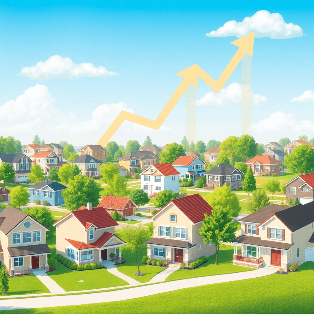 Sunlit suburban neighborhood with varied homes, lush greenery, clear skies, and abstract upward arrows symbolizing housing market trends.