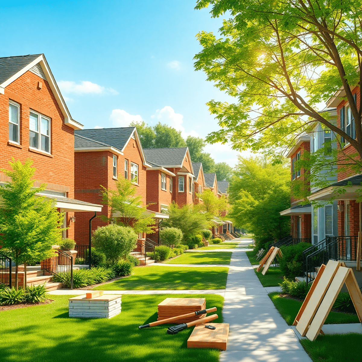Sunny suburban street in Cook County with brick Chicago-style homes and modern condos, showing neat construction tools and materials in front yards...