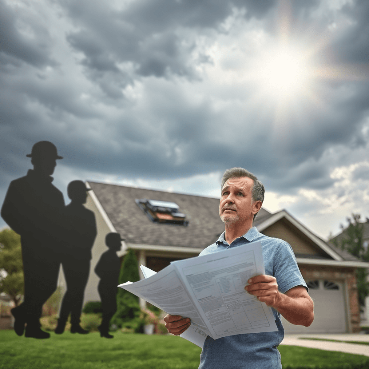 Worried homeowner outside suburban house with damaged roof, holding blueprints; stormy skies above and sunlight breaking through clouds symbolizing...