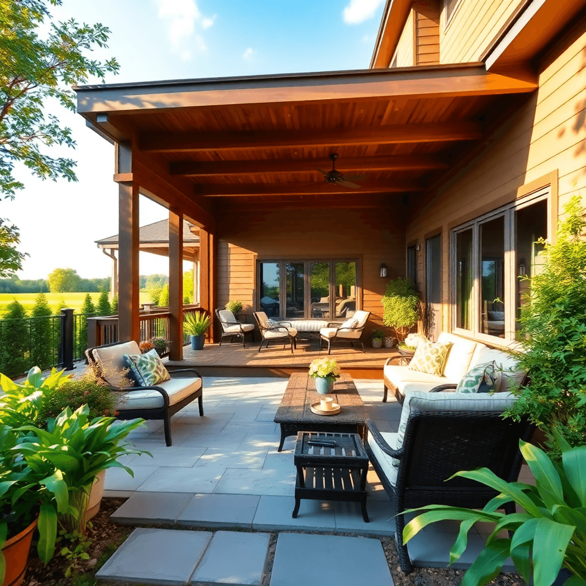 A peaceful backyard with a wooden deck, stone patio, cozy outdoor furniture, lush plants, and soft sunlight under a clear sky.