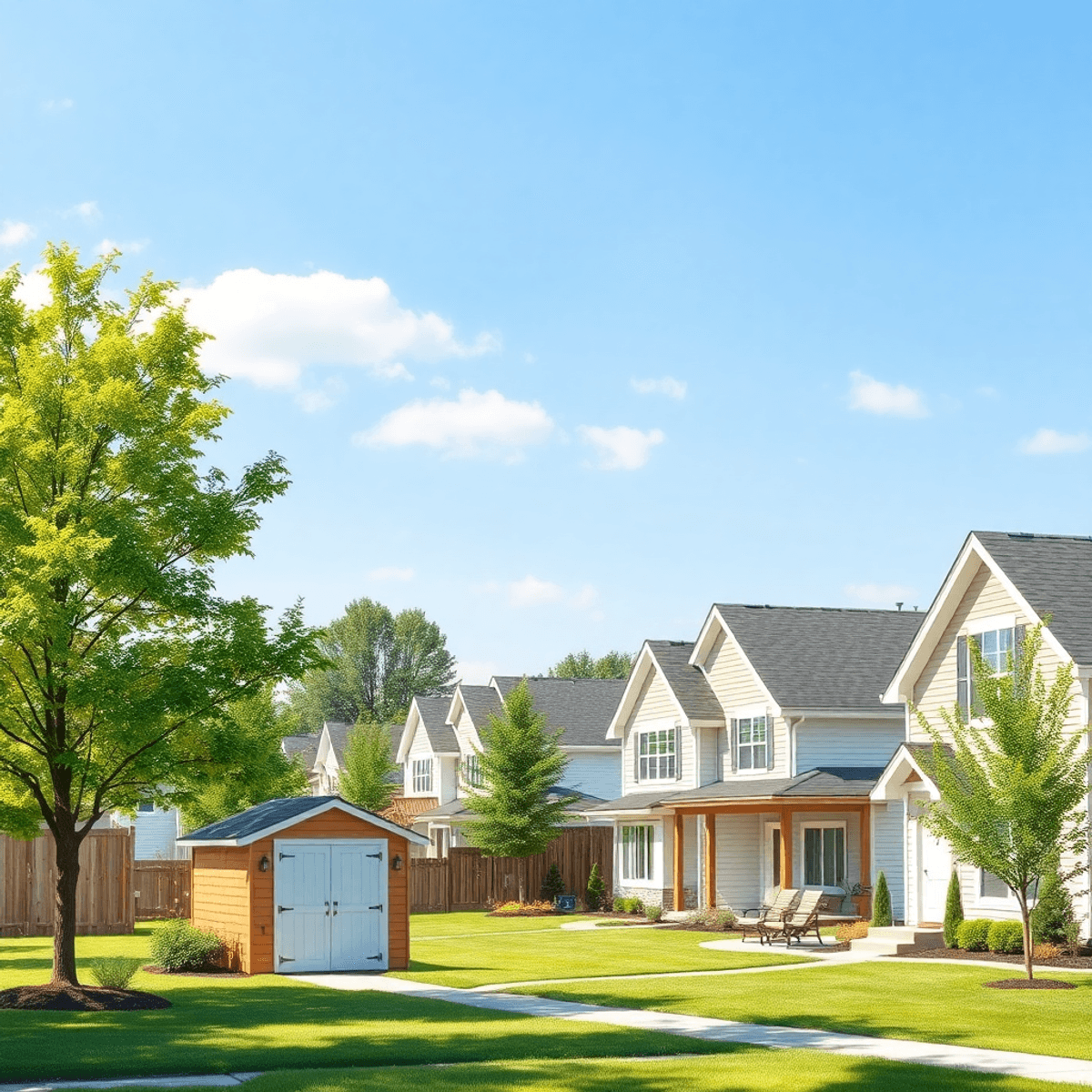 A sunny suburban street with modern homes, manicured yards, lush trees, a garden shed, and outdoor patio furniture under a clear sky.