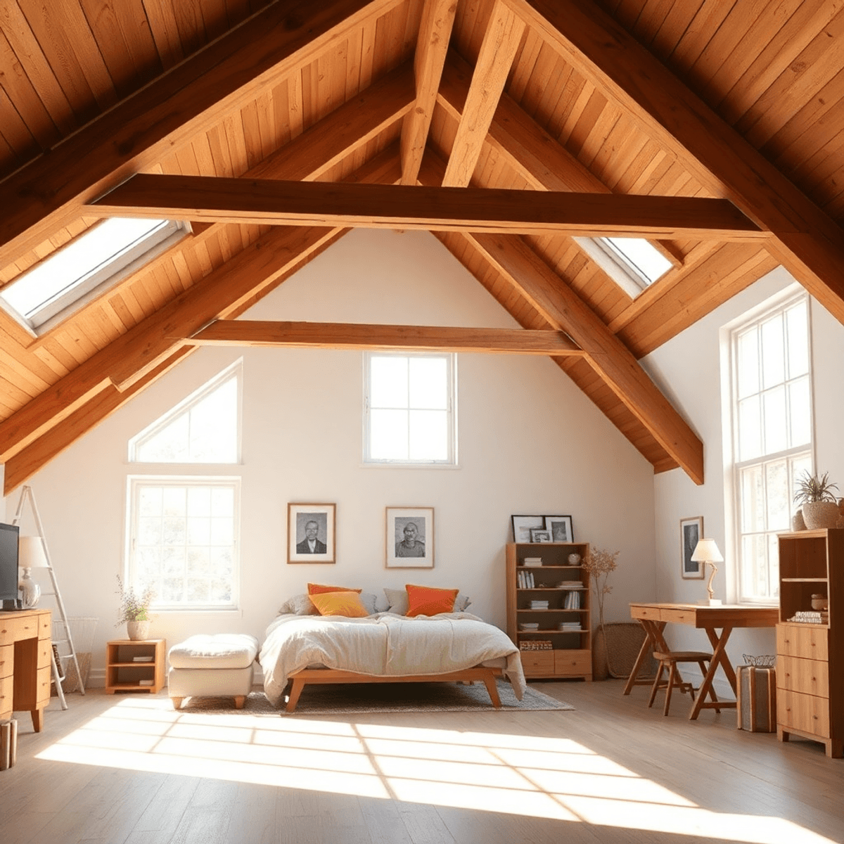 Bright attic room with exposed beams, large windows, cozy bed and desk, bathed in natural light, showcasing a warm, inviting renovated living space.