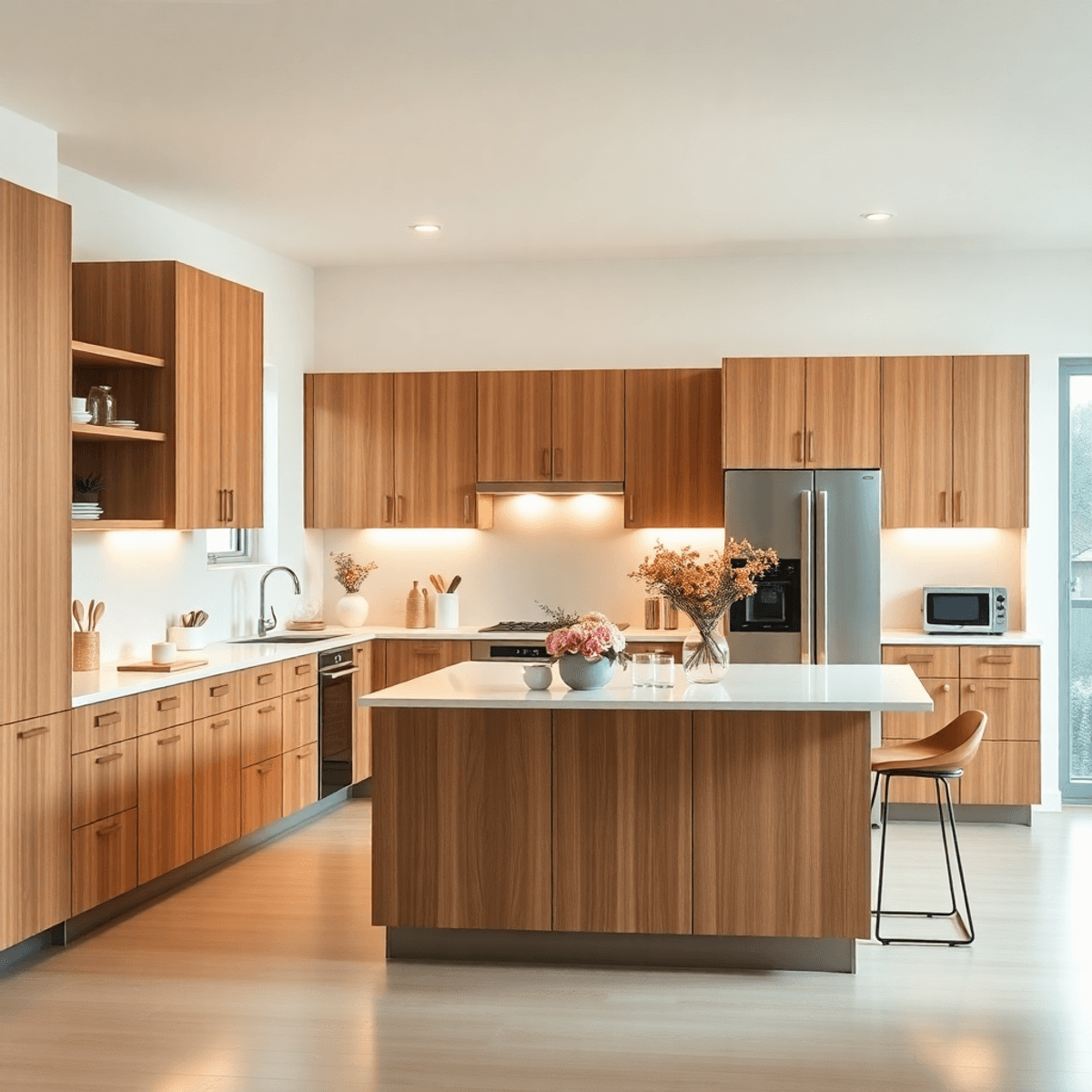Bright modern kitchen with wooden cabinets, sleek countertops, central island with flowers, smart devices, and warm ambient lighting in a spacious ...